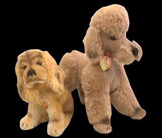 Pair of Steiff dogs- standing poodle " Cosy Snobby" 8" tall and sitting cocker spaniel "Revue Susi" 7" tall