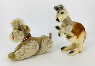 (2) Vintage Steiff mohair animals. Includes 9 1/2" tall "Linda" Kangaroo complete with Joey, and 8 1/2" long poodle. Linda is jointed at her neck and 
