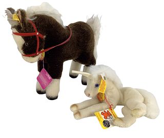 Lot of (2) Steiff 10" Play Horse Ferdy 1968-1978 w/ear tag and 7" Unicorn 1983-1984 w/ear tag.
