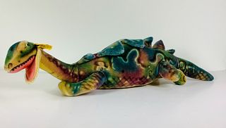 Hard-to-find vintage Steiff Dinosaur. 28" long unjointed mohair with airbrushed details, glass eyes, open wool felt mouth and ears. Retains button and