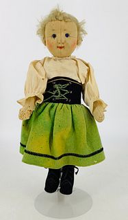 Early Steiff wool felt girl. 13" doll with disk jointed head, arms and legs, molded head with horizontal and vertical seams, glass eyes, applied ears,