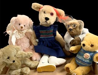 Lot of 5 teddy bears by various makers such as Kathi Clarke, Bearly There and Nisbet. One is a Peter Bull theme. Bear w/smocked dress missing a shoe. 