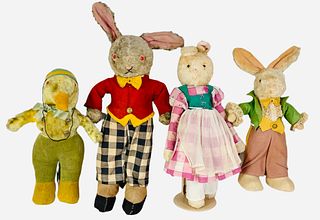 Lot of (4) including 20 1/2" antique straw stuffed rabbit with button eyes, stitched nose and mouth, shows signs of wear including discoloration, dirt