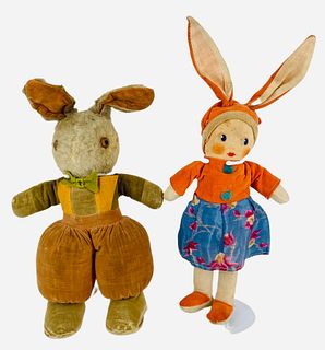 Lot of (2) including 16" vintage stuff rabbit with button eyes, stitched nose & mouth, shows wear including discoloration, stains, dirt and tears (sho