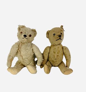 Lot of (2) including antique 12 1/2" straw filled mohair jointed bear with button eyes and yarn nose and mouth, shows wear and thinning mohair; and 12