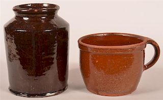 Pair of Glazed PA Redware Items