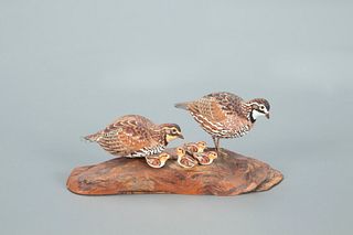 Miniature Quail Pair with Chicks, Allen J. King (1878-1963)