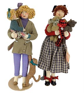 (2) 13" cloth dolls by Marla Florio. Includes "Cindy, Laurie and Cats" and "Becky the Teddy Bear Collector". Both have needle sculpted faces with appl