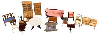 Lot of 16 pieces miniature dollhouse furniture in different wood tones. Made out of wood and plastic with some items made by BESPAQ.