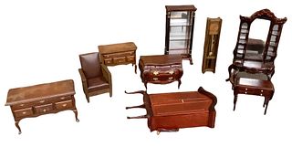 Lot of 9 pieces miniature dollhouse furniture in different wood tones, made out of wood and plastic. Some items are made by BESPAQ. The wardrobe has a