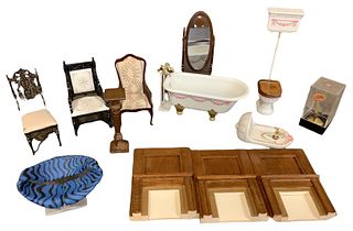 Lot of 13 pieces of miniature dollhouse furniture in different wood tones. Made out of wood/plastic, metal and porcelain . Some items made by Bespaq.