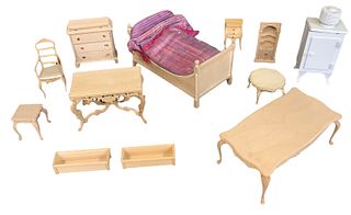 Lot of 12 pieces miniature dollhouse furniture in different wood tones. Made out of wood/plastic and metal. Some items made by Bespaq.
