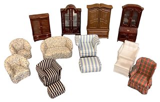 Lot of 14 pieces miniature dollhouse furniture in different wood tones. Made out of wood, plastic and cloth with some items made by BESPAQ.