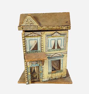 Antique Rufus Bliss wood 2 story doll house 10" x 7 1/2" x 5" with original lithograph paper, "R Bliss" over front door, door opens and closes and the
