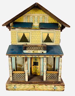 Antique Rufus Bliss wood 2 story doll house 16" x 11 1/2" x 7" with original lithograph paper, "R Bliss" on 2nd story balcony, door opens and closes a