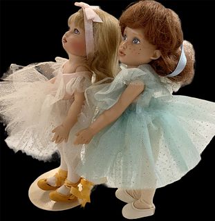 Lot of 2 Kish & Co dancing themed dolls @ 8" tall, five-jointed. Their costumes are tulle w/sparkles and they wear tights.
