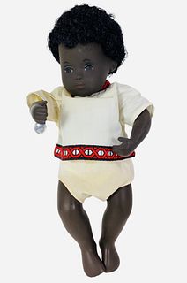 12" vinyl Sasha Black Baby (509) w/tag and box, forehead has a rub and there are stains on pants. Box has rips, stains, shelf wear and cellophane is m