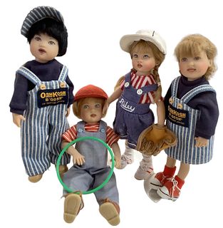 Lot of 4 Kish & Co dolls in hard vinyl including Riley and dolls w/Osh Kosh themed outfits. Dolls come with a softball mitt and toy hoop. Osh Kosh dre