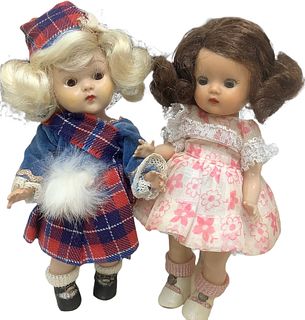 Lot of 1 hard plastic Ginny doll and 1 hard plastic Nancy AnnStorybook Doll, "Muffie." Ginny doll has plaid outfit with real fur trim. Storybook doll 
