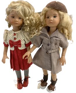 Lot of 2 Dianna Effner hard vinyl dolls w/painted faces @ approx 13" tall. One doll has a Brownie outfit, the other has a lady bug theme. They are bal