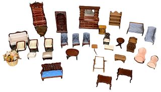 Lot of 31 pieces of miniature dollhouse furniture made from wood/plastic and cloth.