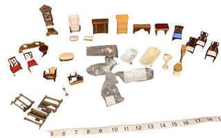 Lot of miniature dollhouse furniture and accessories. Some items made by Bespaq. Furniture made from wood/plastic and metal. One leg is broken off tan