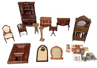 Lot of 12 pieces of miniature dollhouse furniture in different wood tones. Made out of wood/plastic. Some items made by Bespaq.