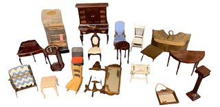 Lot of 17 pieces of miniature dollhouse furniture made from wood, plastic and metal. Some items are made by Bespaq. Both mirrors are broken.