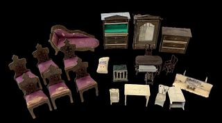 Lot of (21) miniature doll house furniture and accessories. Includes 10 pieces Waltershausen furniture and 9 pieces Tootsietoy. Sofa measures 5 1/4" l