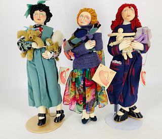 (3) Cloth dolls by artist Marla Florio. Includes "Melnie and Her Puppets", "Teddy Bear Maker" and "Doll Maker". All are 13 1/2" and have hand painted 