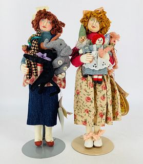 (2) Cloth dolls by artist Marla Florio. Includes "Jenny the Doll Collector" and "Noah's Ark". Both are 13 1/2" with needle sculpted hand painted faces