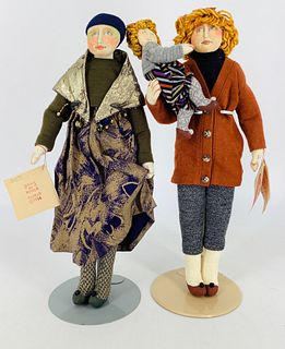 (2) Cloth dolls by artist Marla Florio. Includes "Morgan, Bubushka Doll" and "Carol and Melissa". Both are 13 1/2" with needle sculpted hand painted f