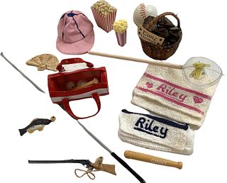 Lot of 8 Ginny & Kish doll accessories including wood bat, butterfly catcher, two Riley tiny towels, fishing pole w/fish, a baseball bag w/gear, rifle