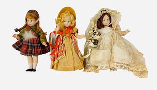 Lot of (3) 7" Madame Alexander dolls including (1935) Tiny Betty Bride Doll in tagged dress and tag on wrist, Tiny Betty dressed as a Scottish girl an