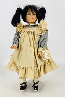 Porcelain artist doll "Laurel" by Linda Mason. 19 1/2" girl with molded and painted swivel head on shoulderplate, human hair wig, inset glass eyes, on