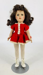 Hard plastic Mary Hoyer doll. Marked "Original Mary Hoyer Doll" on back of torso, 14" doll has a mohair wig, sleep eyes with eyelashes, swivel head on