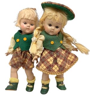 Lot of 2 hard plastic Ginny dolls from Brother & Sister Series, #37 & 38 at 8" tall. Both are incised "Vogue Doll" on their backs and are moveable. So