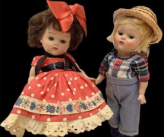 Lot of two Ginny hard plastic Square Dancing 8" dolls, Series #51 and #54, circa 1952. Both dolls are incised Vogue Doll, and both dolls have painted 