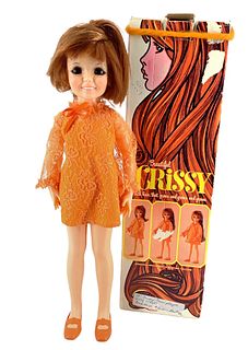 Crissy vinyl doll by Ideal, circa 1973, in nice condition w/original box @ approx 18" tall. Ponytail "grows" to adjustable lengths. Looks unused.