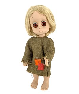 "Little Miss No Name" marked "1965 Hasbro" w/large plastic amber eyes and pouty face. Doll is 14" tall, was created by Deet Dandrade, and is missing t