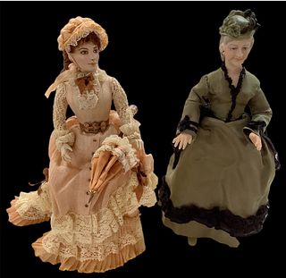 (2) artist created dollhouse dolls. Includes 5 1/2" shoulder head lady by Marty Saunders with molded and painted hat, hair and facial features, on clo