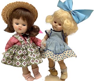 Lot of 2 hard plastic Ginny dolls @ approx 8" tall. Doll w/straw hat is incised Ginny and has blue eyes and painted eyelashes. Her outfit has the Vogu