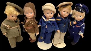 Lot of 5 military service motif Toddles composition dolls, all with moveable heads and strung, and a United States Air Force doll flag @ 10" tall. Lot