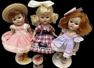 Lot of 3 Ginny dolls and Vogue marked curler accessory. Each dollÃ­s outfit is tagged w/Vogue label, & they have moveable heads. Doll w/pink gingham d