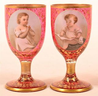 Pair of Moser Type Cranberry Glass Goblets.