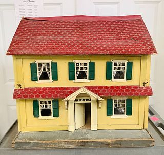 Wonderful large Schoenhut Doll House. All painted wood construction with pressed wood roof. Roof lifts to reveal an "attic", front and sides can be re