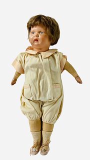 Schoenhut Stuffed Doll with Mama Voice 61/108W. 18" doll with wood head, original nailed-on mohair wig, painted facial features, wood shoulderplate on