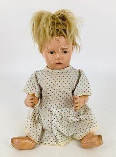 Schoenhut 13/107W all wood baby. 13" doll with carved and molded head, original nailed-on mohair wig, painted facial features, on five-piece bent limb