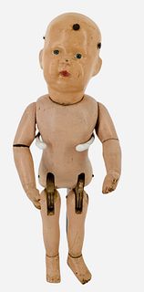 Schoenhut baby face walker. 11" doll with carved and molded wood head, intact nails from wig, painted facial features, on five-piece walker body marke