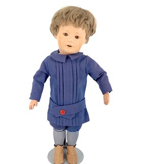 Schoenhut wood sleep-eye child 17/110W. 17" doll with original nailed-on mohair wig, sleep eyes, open mouth with two upper teeth, on spring jointed wo